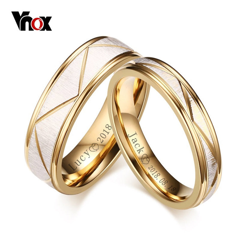 VNOX Wedding Rings for Love Matte Finish Stainless Steel Gold Color Women Men Couple Bands Personalized Engrave Name Gift