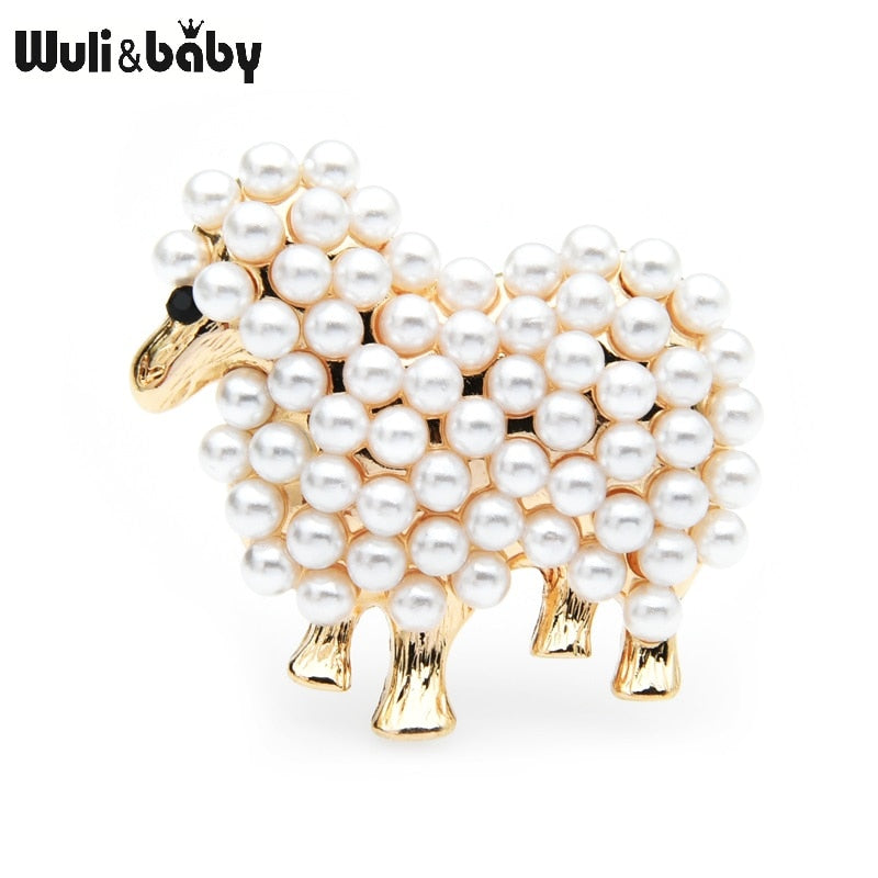 Wuli&amp;baby Small Pearl Sheep Brooches Women White Black Animal Casual Party Brooch Pins Gifts