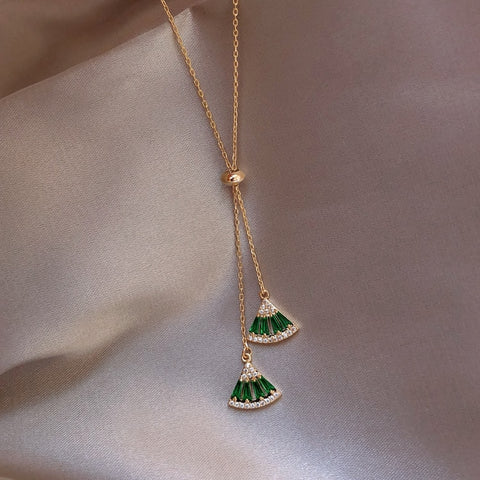 Hot selling green zircon crystal fan-shaped geometric necklace pendant necklace elegant party ladies necklace jewelry for women
