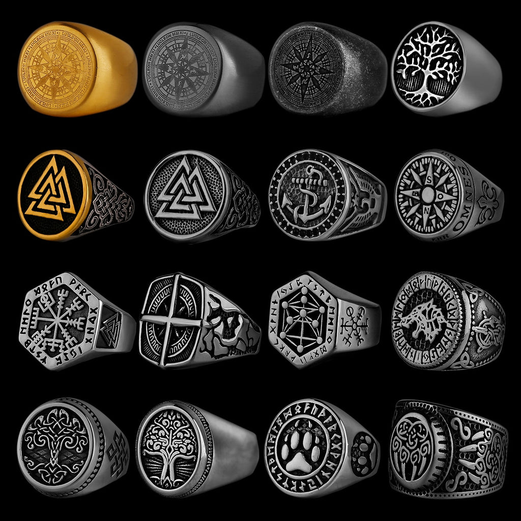 Men Nordic Viking Stainless Steel Ring Anchor Compass Tree of Life Viking Rune Wolf Men and Women Ring Jewelry Factory Wholesale