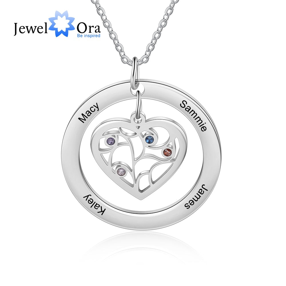 JewelOra Personalized Tree of Life Necklace with Birthstone Stainless Steel Name Engraved Pendant Family Gift for Mother Grandma