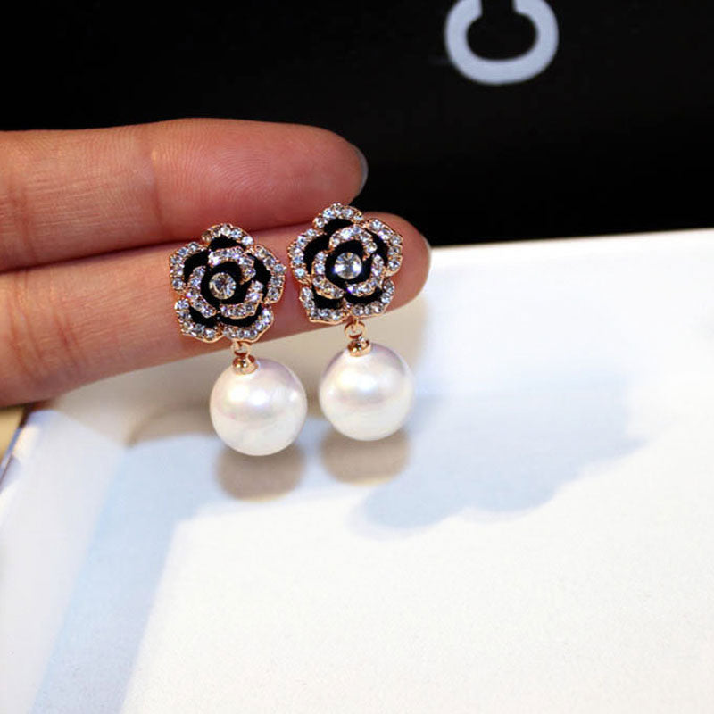 Exquisite Flowers Pearls Luxury Famous Brand Boucles Jewelry Earrings For Women Rhinestone Rose Fancy Earring