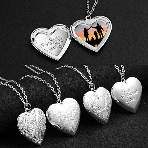 Gümüş renk aşk kalp madalyon kolye kadın erkek için açılabilir fotoğraf çerçevesi parlak aile Pet resim kolye aile aşk hediye