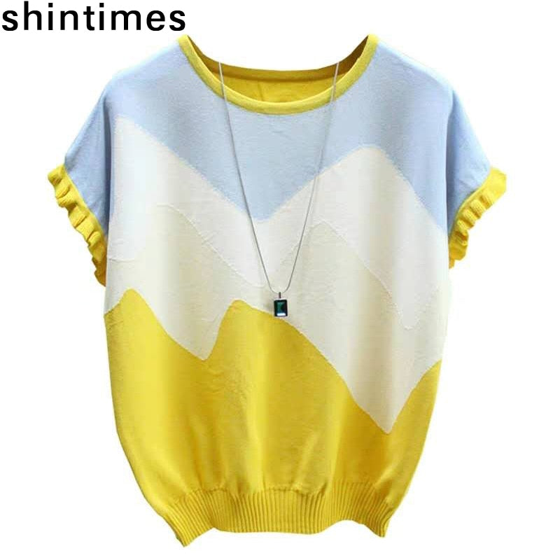 Shintimes Short Sleeve Casual Female T-Shirt Women Knitted Stitching Color Tee Shirt Femme Summer Loose Top.