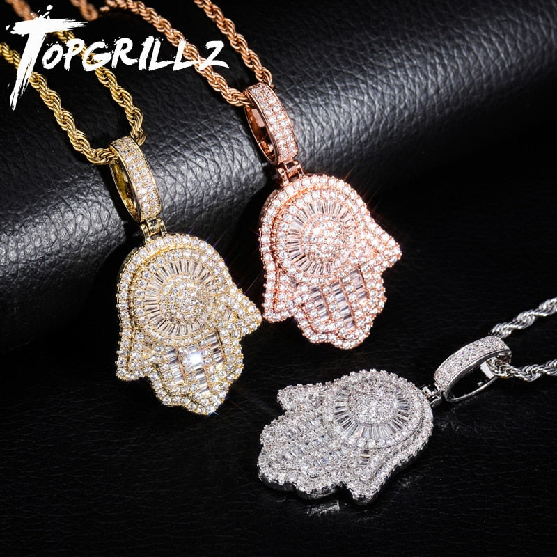 TOPGRILLZ New Hand Pendant Necklace With Tennis Chain Cuban chain Gold Silver Color Iced Out Cubic Zircon Hip Hop Rock Jewelry