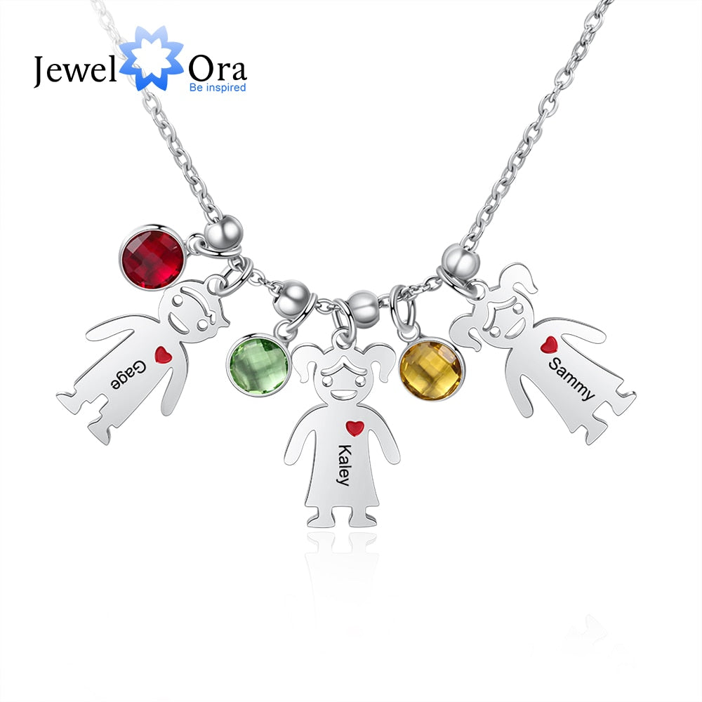 JewelOra Personalized Engraved Name Boy Girl Pendant Necklace with Heart Custom Birthstone Stainless Steel Necklaces for Women
