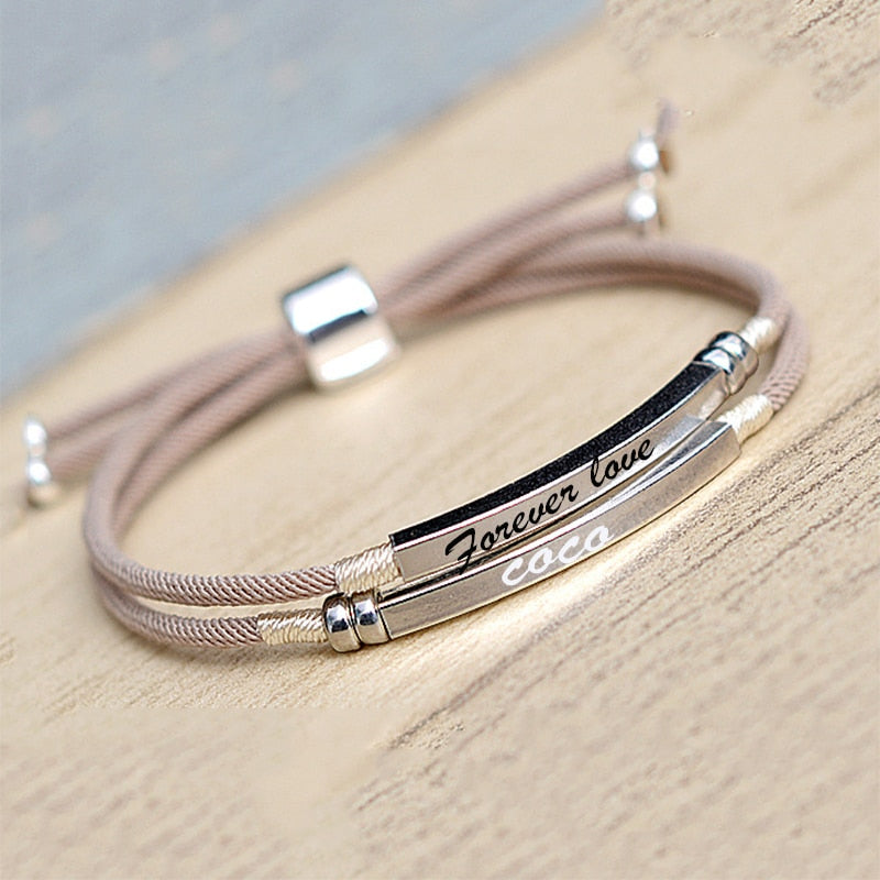 925 Sterling Silver Custom Bar Bracelet Engraved Name Date Letter Two Layers Handmade Pink Rope Personalized Woman Jewelry