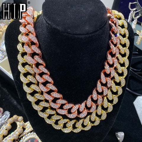 Hip Hop 1Set 20MM Full Iced Out Paved Rhinestones Miami Curb Cuban Chain CZ Bling Rapper Necklaces For Men Jewelry