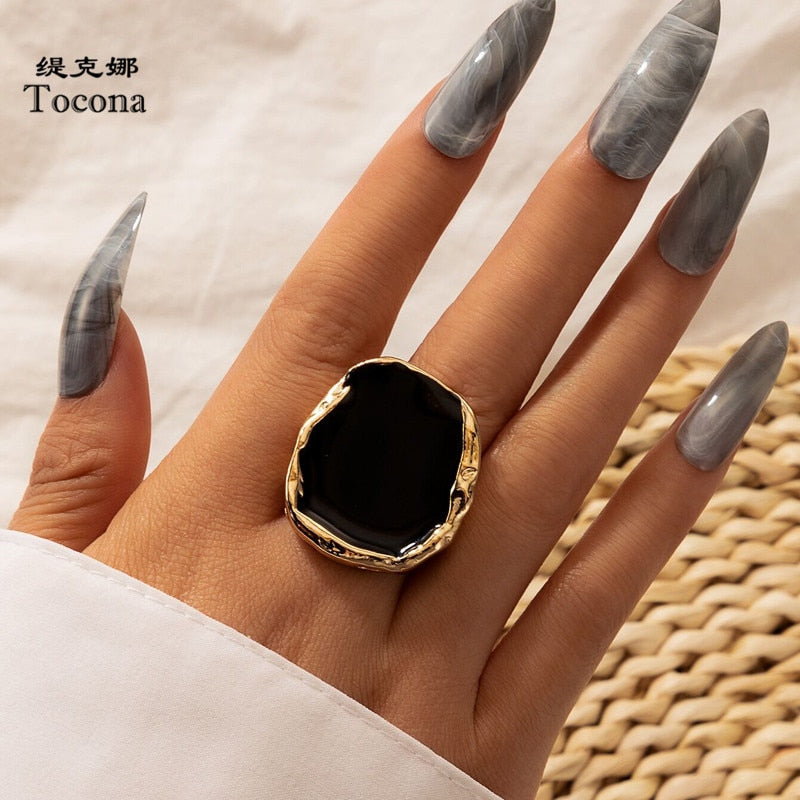 Tocona Bohemian Black Stone Joint Ring for Women Men Charms Dripping Oil Big Joint Ring Gothic Jewelry Accessories кольца 16916