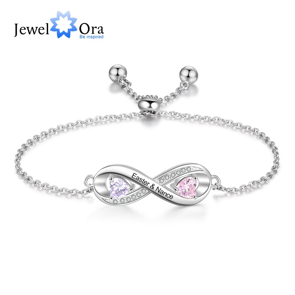 JewelOra Personalized Engraved Name Infinity Bracelet with 2 Birthstones Custom Zirconia Adjustable Chain Bracelets for Women