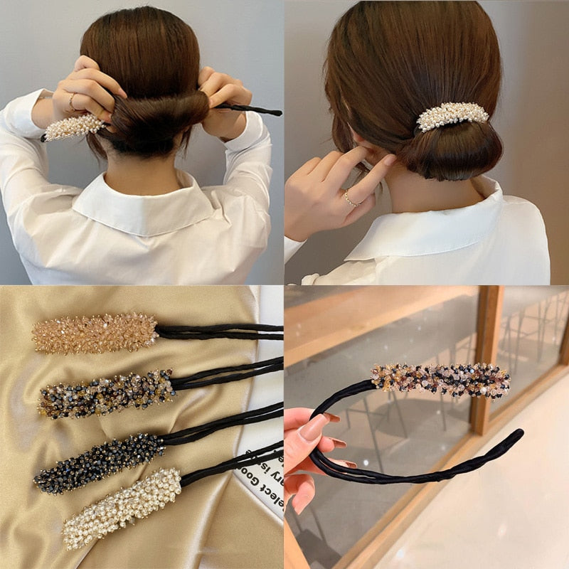 Ruoshui Woman Rhinestone Pearl Flower Hair Bun Maker DIY Hairstyle Tool For Ladies Hair Accessories Bridal Hairband