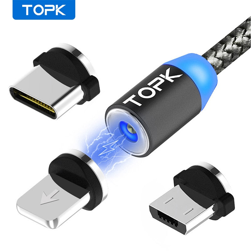 TOPK AM17 1M LED Magnetic USB Cable for iPhone Xs Max 8 7 6 & USB Type C Cable & Micro USB Cable for Samsung Xiaomi LG USB C