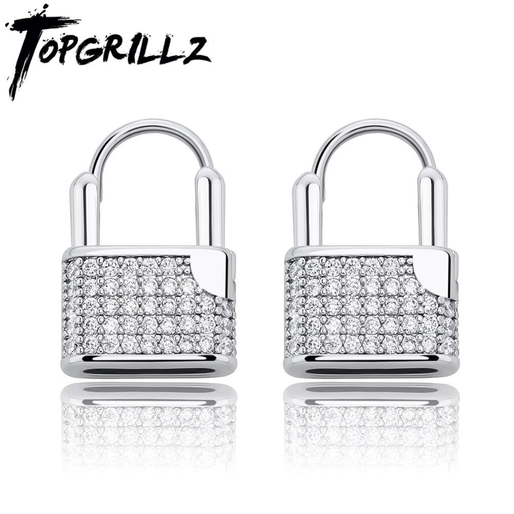 TOPGRILLZ Hip Hop Lock Earrings Iced Cubic Zirconia Earrings Luxury Gold Micro Pave Cubic Zirconia Earrings Gift For Men Women