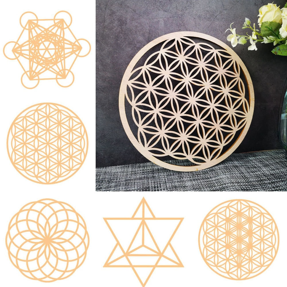 Sacred geometry Flower of life energy mat wood slice base of purification crystals healing disc as coaster for home Wall decor