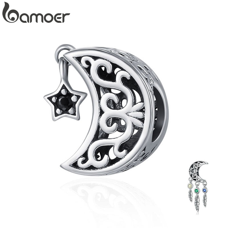 BAMOER 100% 925 Sterling Silver Openwork Moon and Star Goodnight Charm Beads fit Bracelet DIY Jewelry Valentine Day Gift SCC483