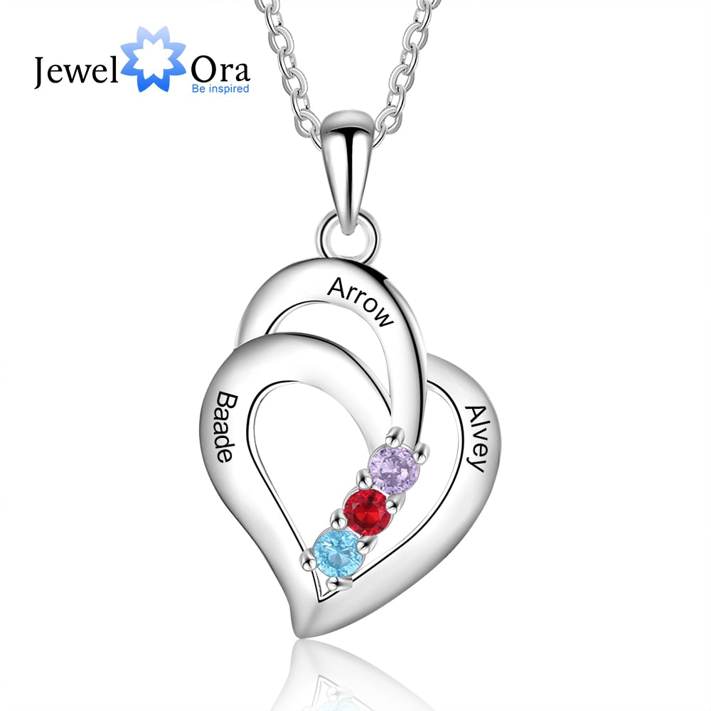 JewelOra Personalized Name Necklace with 3 Birthstones Engravable Jewelry Customized Pendant Necklaces for Women Gifts for Mom