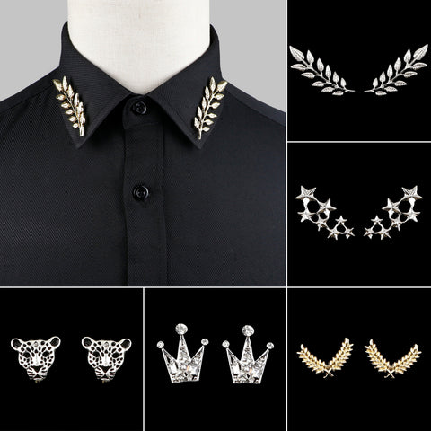 1 Pair Trendy Suit Shirt Collar Pin Tree Leaf Dragon Leopard Hollowed Triangle Crown Brooches For Men Women Daily Wear Accessory