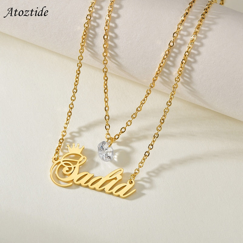 Atoztide Customized Fashion Stainless Steel Name Birthstone Personalized Letter Double Layers Zircon Necklace Pendant Gift