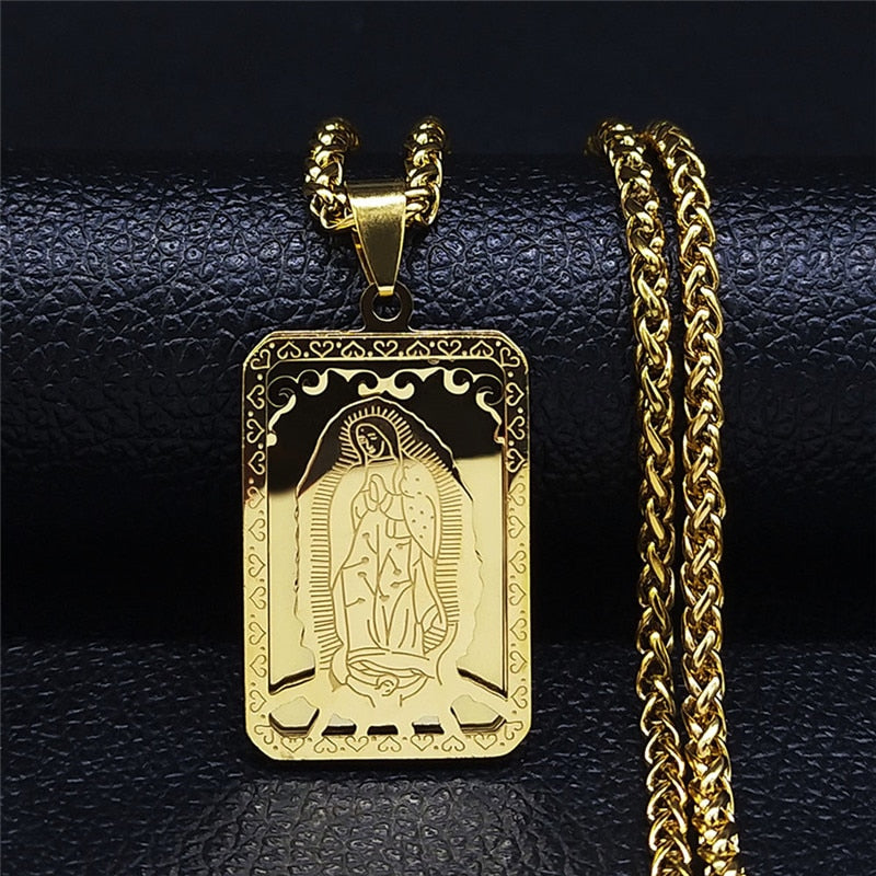 Hip Hop Virgin Mary Medal Our Lady of Guadalupe Necklace Stainless Steel Pendant Necklace Women/Men Jewelry virgen de guadalupe