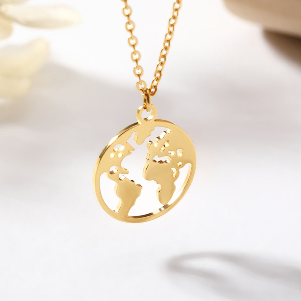 Globe World Map Necklace Stainless Steel World Necklace Women Girls Gold Color Chain Choker Necklaces Map Jewelry Birthday Gift
