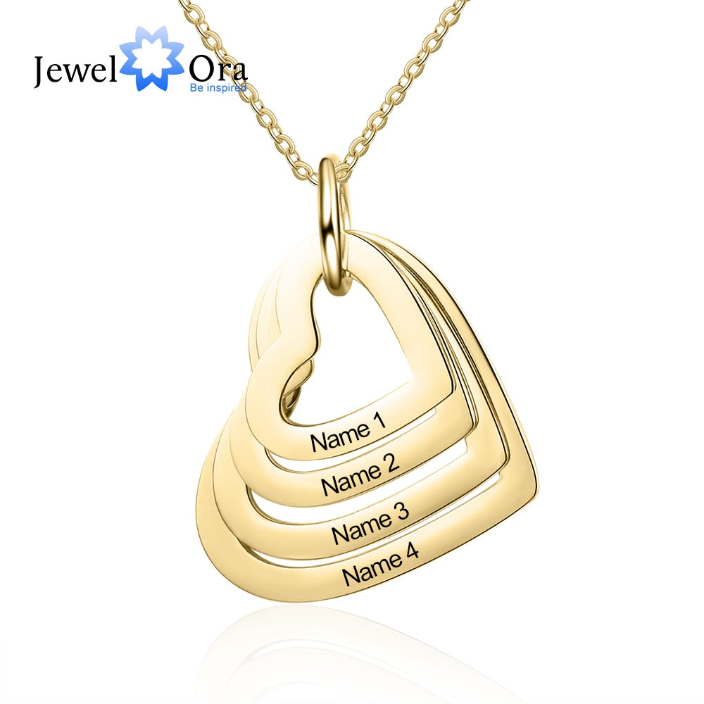 Personalized Stainless Steel Engraved Necklace with 2-5 Names 3 Colors Customized Multilayer Heart Pendant Necklace for Women
