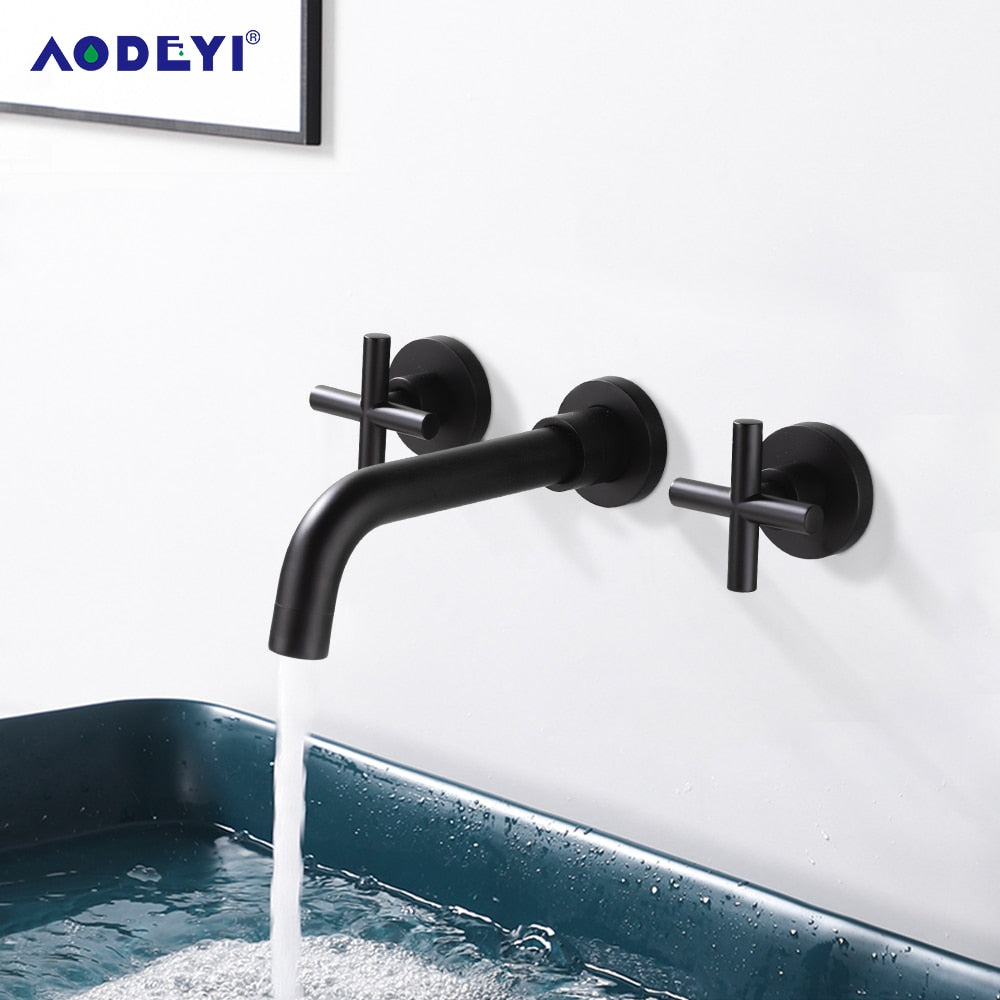 Bathroom Faucets Matte Black Brass Double Handle Wall Mounted Sink Hot Cold Water Taps Brushed Gold Basin Mixer Tapware Set