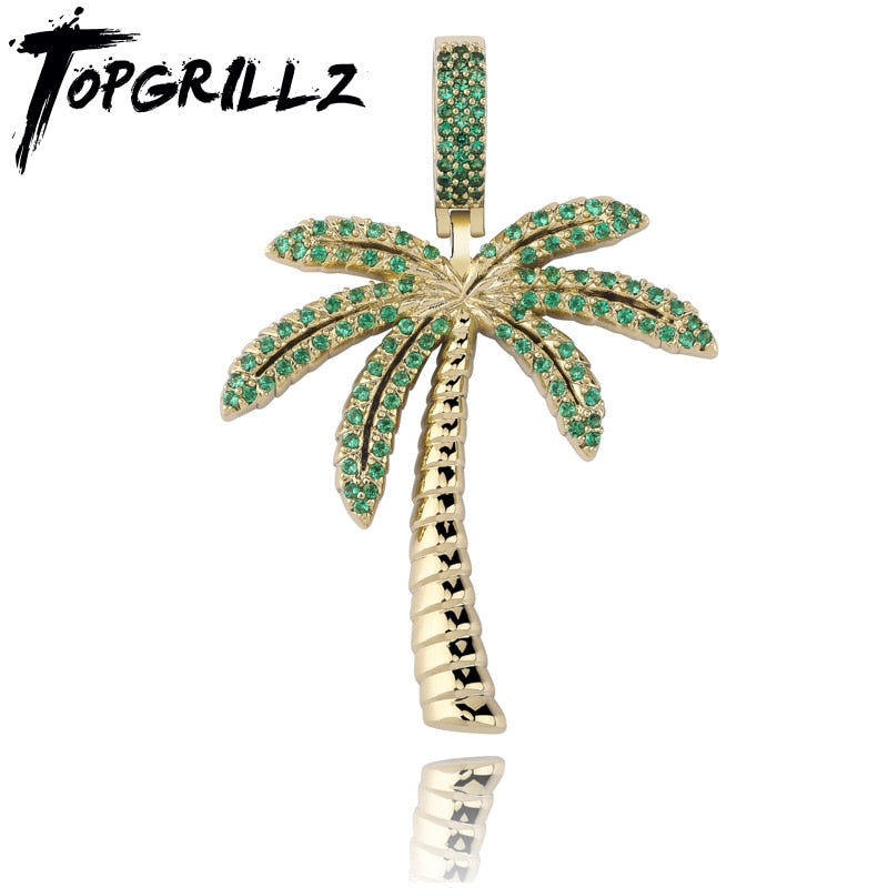 TOPGRILLZ Coconut Tree Iced Out Cubic Zircon Pendant&amp; Necklace Gold Silver Color Plated Hip Hop Men&#39;s Jewelry