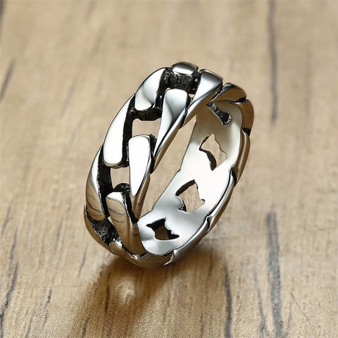 7MM Men Stainless Steel Ring for Men&#39;s Bands Hollow Hard Curb Link Chain Biker Ring