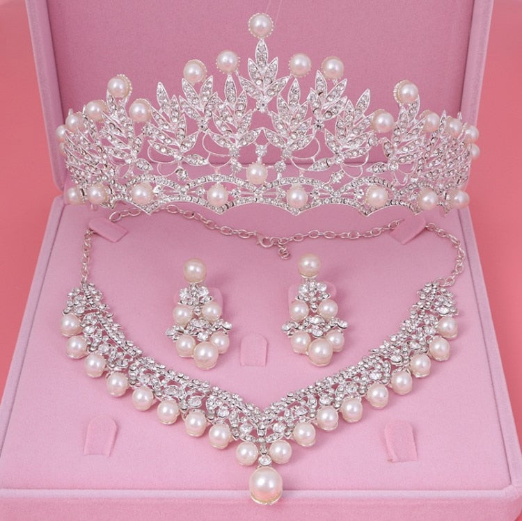 Bride Crystal Pearl Costume jewelery sets New Design Rhinestone Choker Necklace Earrings Tiara Bridal Women Wedding Jewelry Set