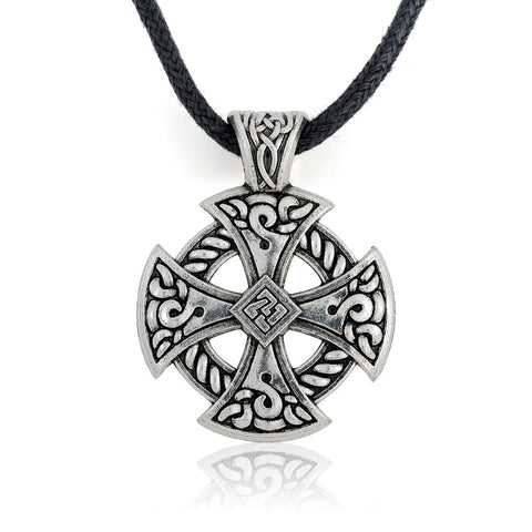 My Shape Cross Viking Shield Pendant Necklace Jewelry Tibetan Silvery Solar Cross Knot Religious Christian Irish Druid Leather