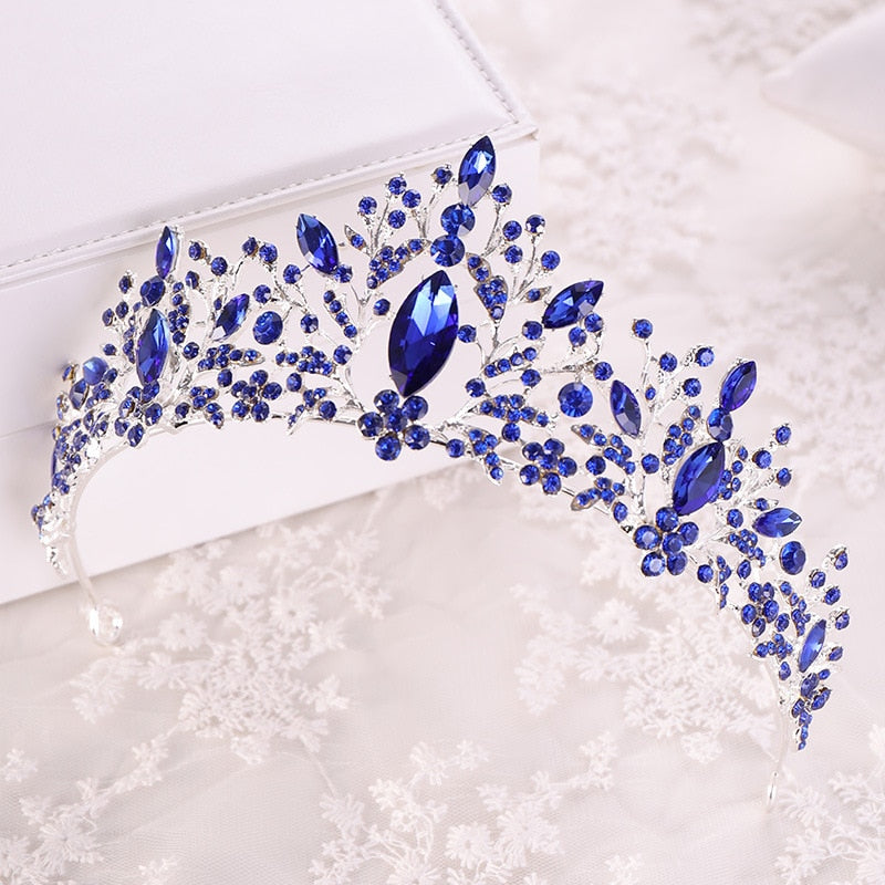 Baroque Luxury Blue Crystal Heart Bridal Tiaras Crowns Rhinestone Pageant Diadem Veil Tiara Headbands Wedding Hair Accessories