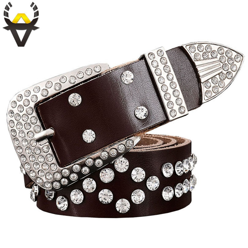 Fashion rhinestone genuine leather belts for women Luxury Pin buckle woman belt Quality second layer cow skin strap width 3.3 cm