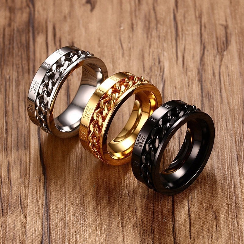 Men&#39;s Rings, Roman Number with Cuban Chain Band, 8MM Stainless Steel Spinner Ring ,Male Jewelry