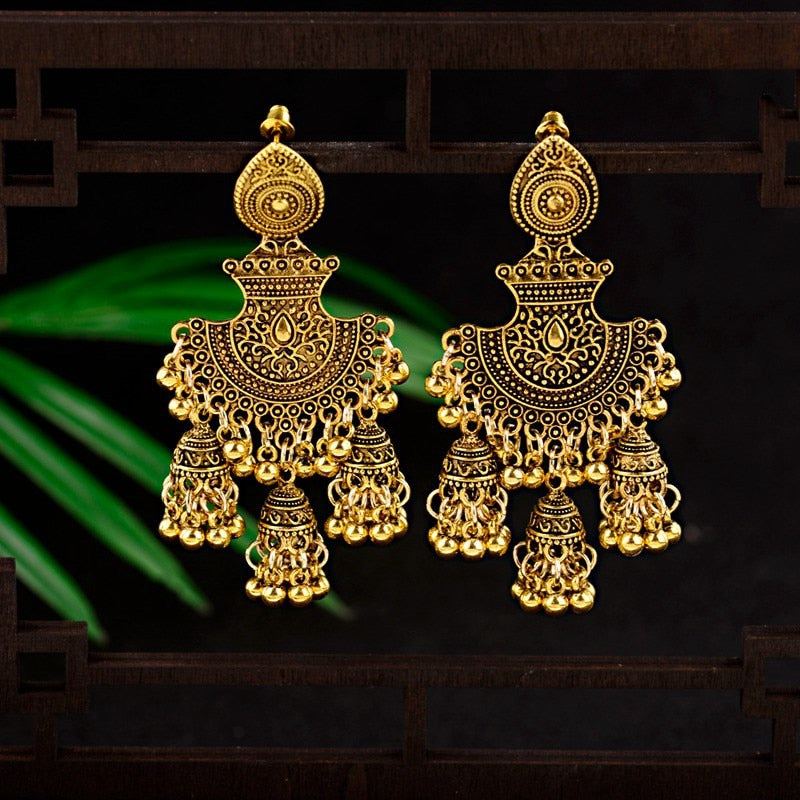 New Ethnic Vintage Women's Geometric Turkish Jhumka Earrings Indian Jewelry Gold Color Tassel Dangling Earrings Turkey Jewelry