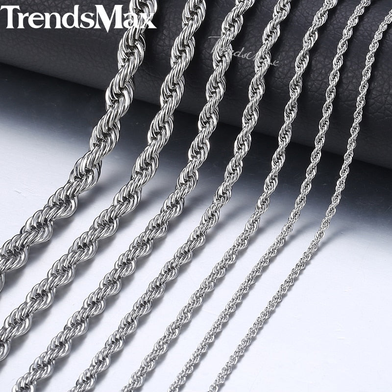20-26inch Rope Chains Necklace For Men Women Silver Color Stainless Steel Necklace Men&#39;s Jewelry Wholesale KNM132