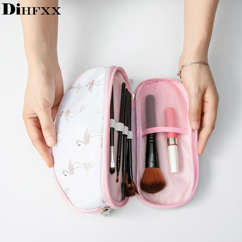 DIHFXX Portable Flamingo Cosmetic Bag Double Layer Travel MakeUp Pouch Bags Circular Make Up Bag Brush Organizer For Woman pouch