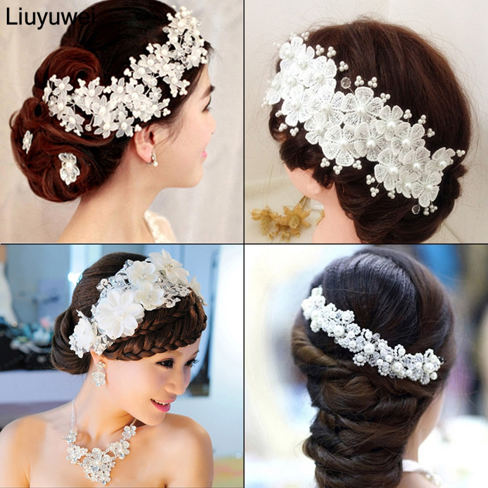 Fashion Wedding Hair Accessories Pearl Haedbands for Bride Red White Lace Crystal Tiara Floral Elegant Bridal Hair Jewelry