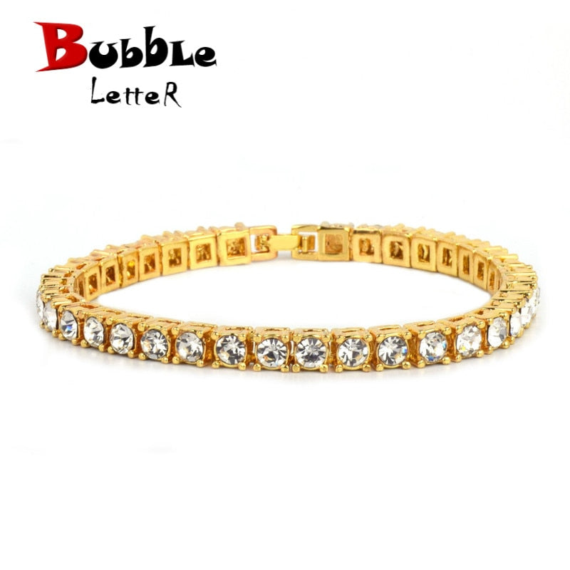 7inch 8inch Men&#39;s Hip hop Bracelet Tin Alloy Gold Color Iced Rhinestone Crystal 1 Row Tennis Chain Bracelet Street Rock