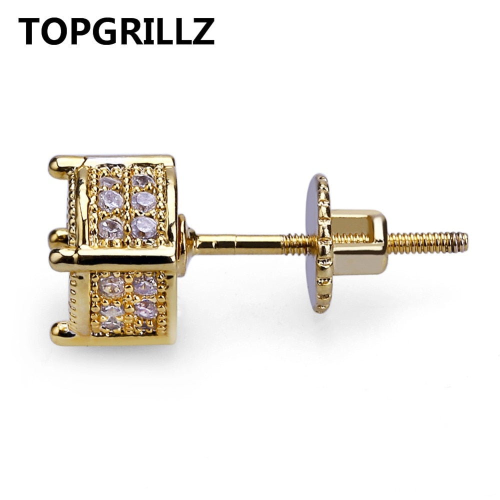 TOPGRILLZ Hip Hop Rock Jewelry Earring Gold Color Iced Out Micro Pave CZ Stone Lab Stud Earrings With Screw Back Gor Men Women