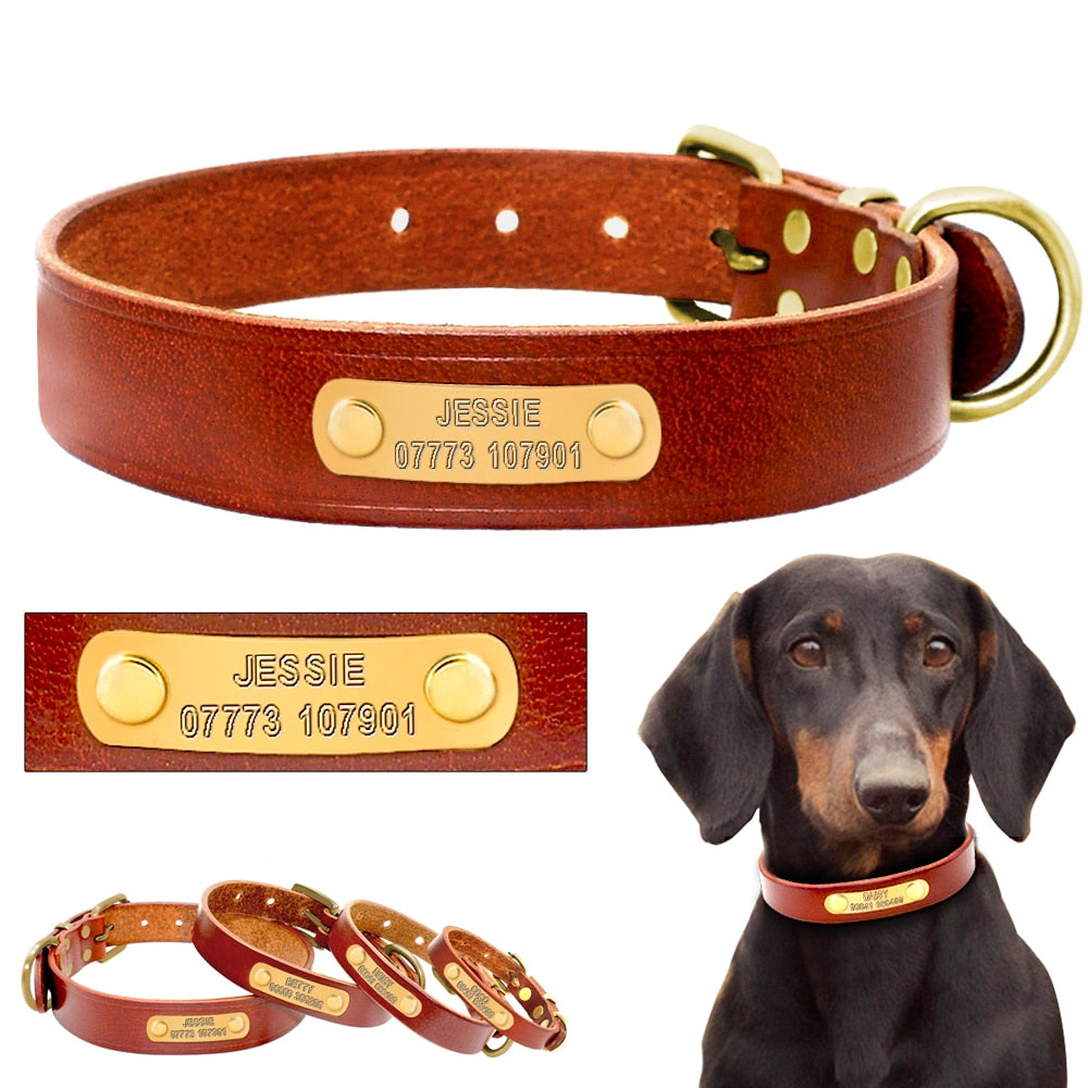 Personalized Dog ID Collar Leather Customized Engraved Pet ID Tag Puppy Name Phone No. Plate Adjustable For Small Medium Dogs