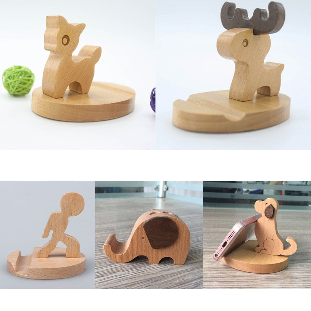 Solid Wood Animal Mobile Phone Holder Car Home Mount Cradle Desk Stand for Mobile Cellphone Laptop, Switch/Deer/Dog/Boy/Elephant