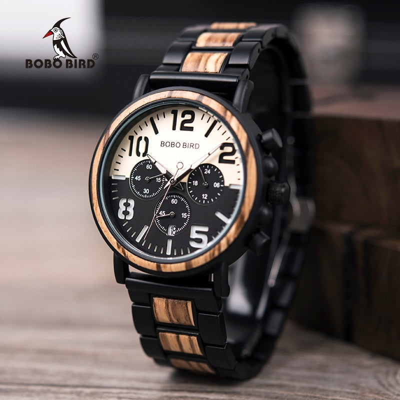 BOBO BIRD Wooden Stainless Steel Watch Men Water Resistant Timepieces Chronograph Quartz Watches relogio masculino Men&#39;s Gifts