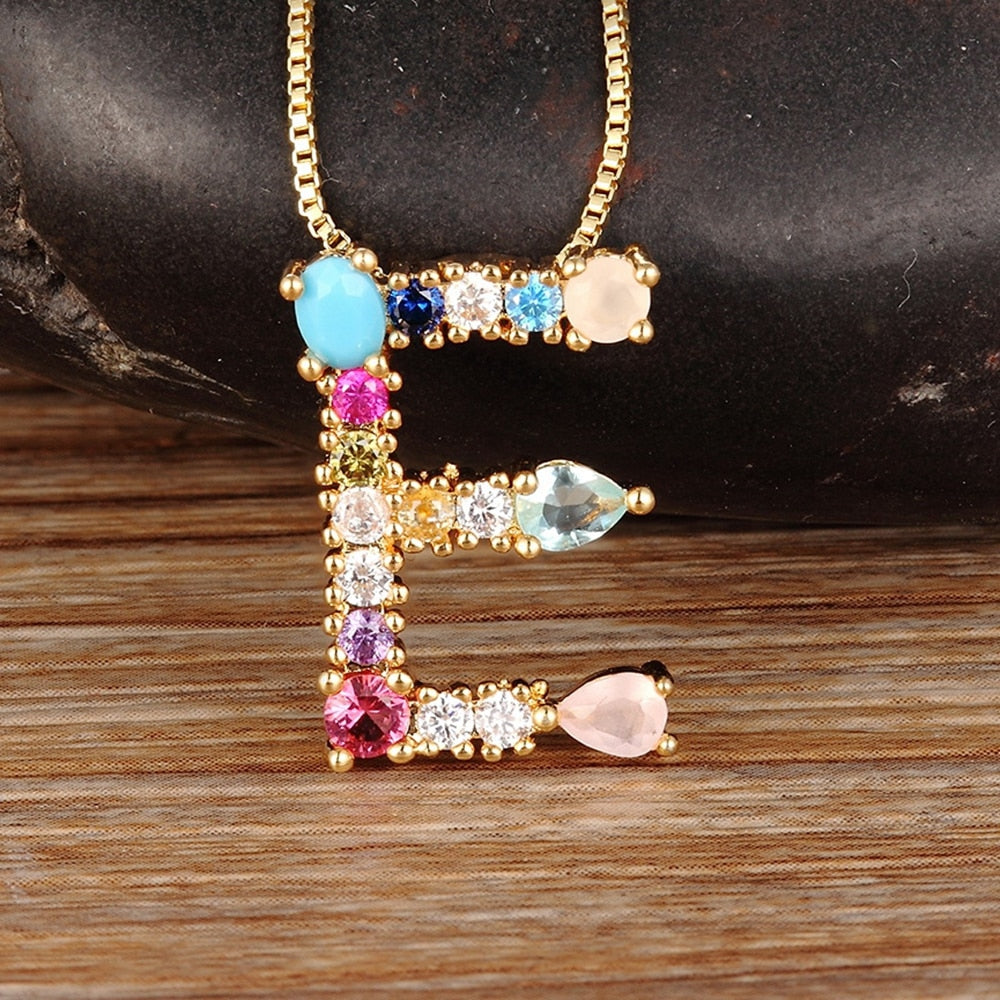 Nidin Hot Sale Rainbow Color Initial CZ Necklace Charm Letter Pendant Name Jewelry Women Accessories Fine Party Birthday Gift