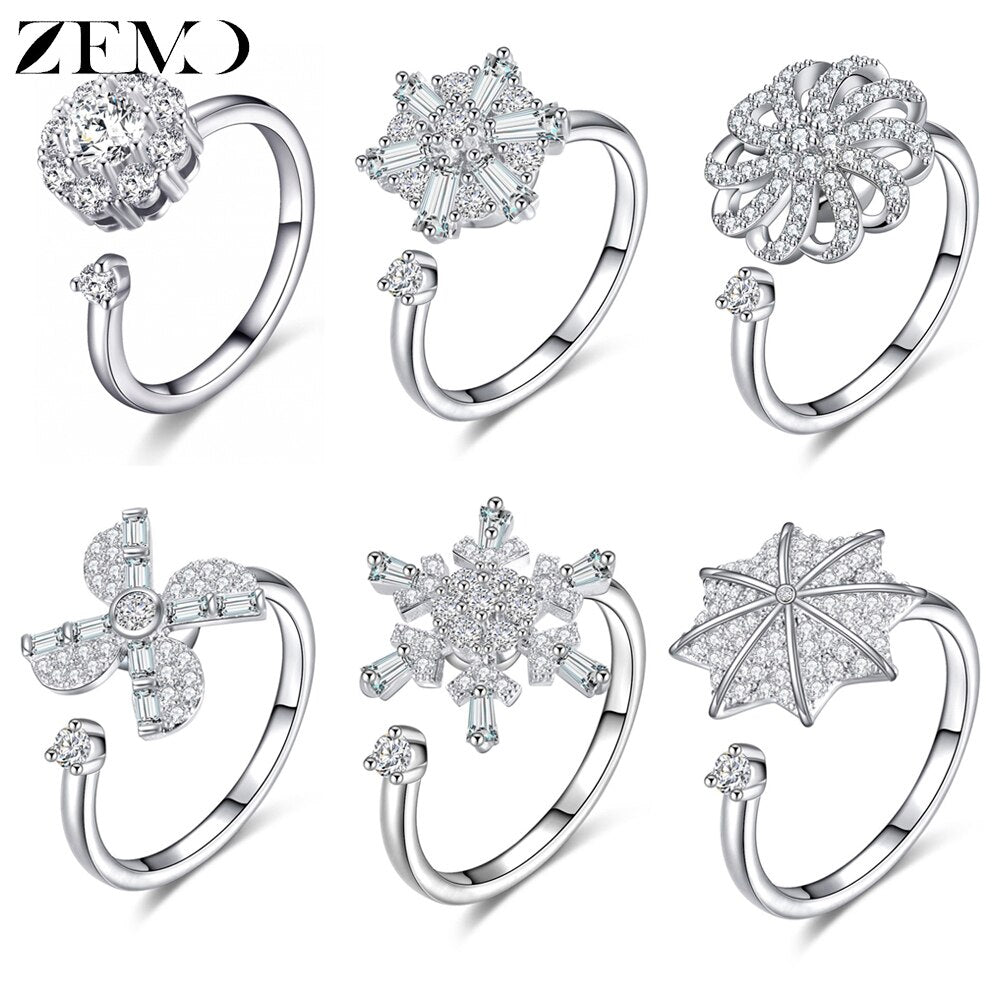 ZEMO Flower Rotate Rings for Women Crystal Rotating Finger Rings Adjustable Rose Gold Wedding Rings for Women Resizeable Anillos