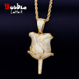 Rose Flower Necklace &amp; Pendant Color Iced Cubic Zircon Men&#39;s Hip Hop Jewelry