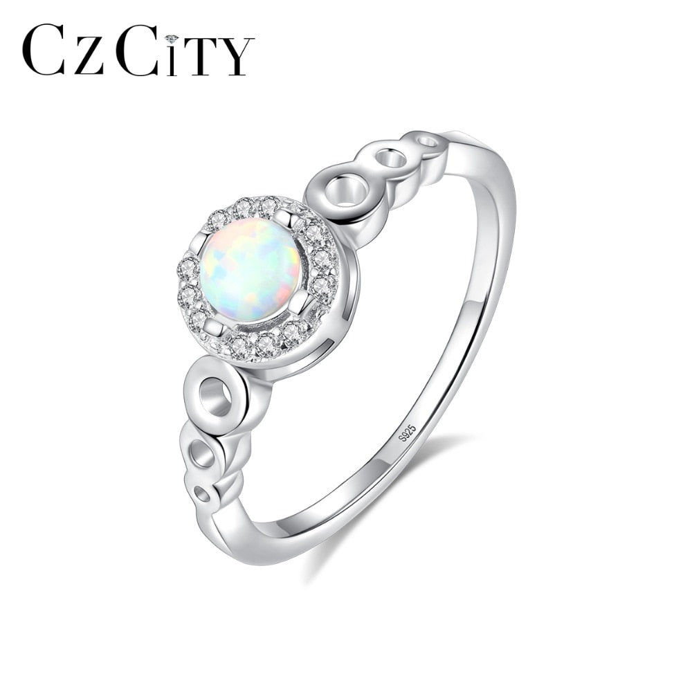 CZCITY Fashion 925 Sterling Silver 4mm Round Fire Opal Birthstone Rings for Women Colorful Original Gem Wedding Bridal Jewelry