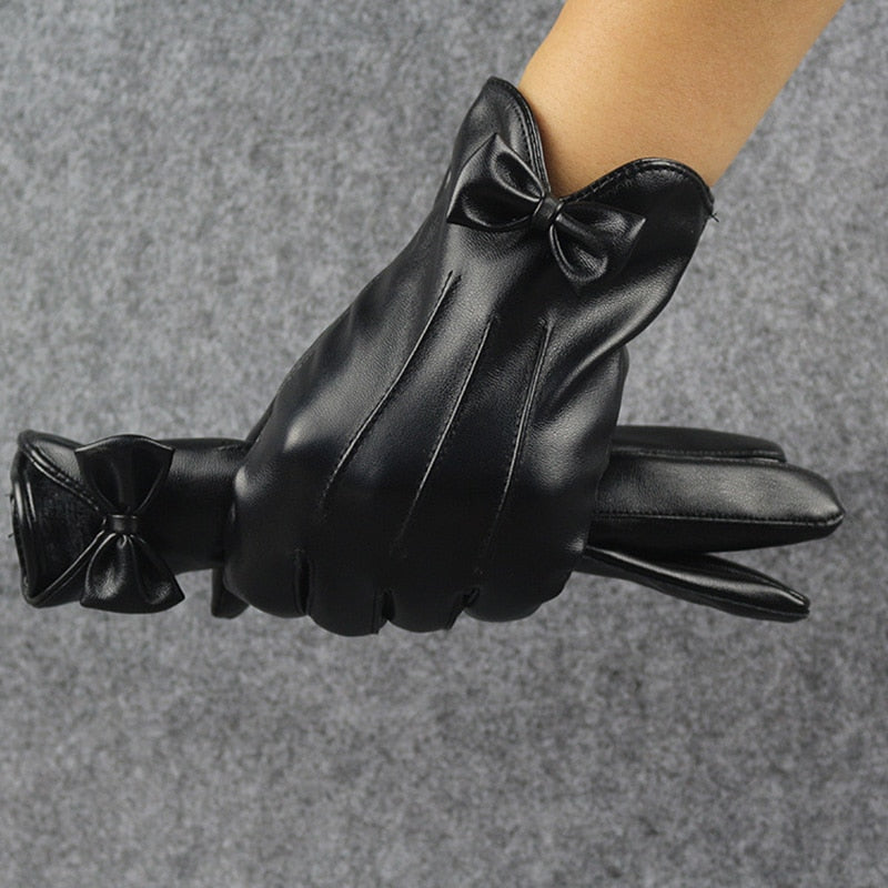 High-end leather female model warm cycling gloves for women who drive with touch screens, styled in a black bow (B7)