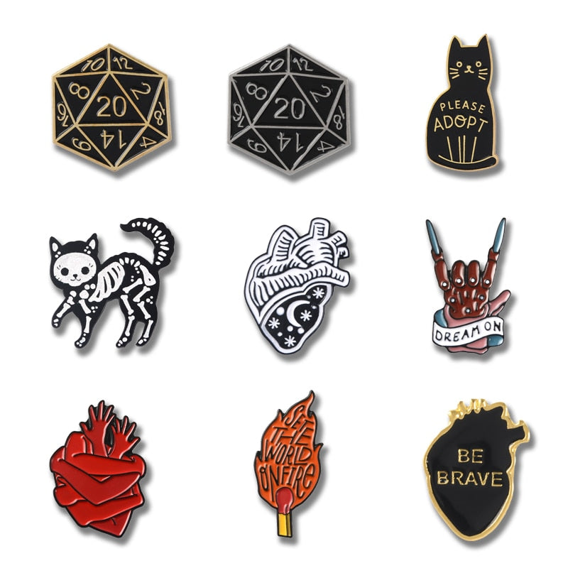 Punk style enamel Pins Night sky Heart Black skeleton cat Brooches for Men & Women Dragon & amp Dungeon Dice hand lapel Pin Badges Jewelry