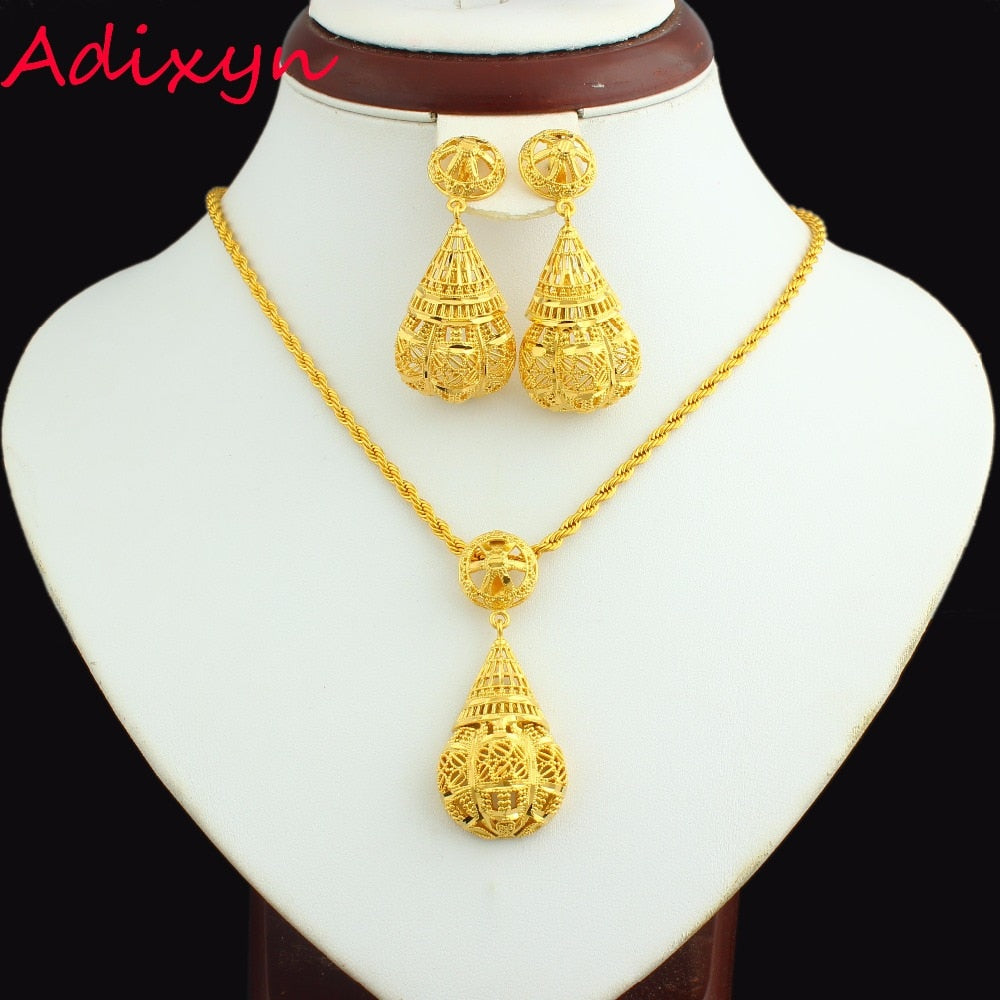 Adixyn NEW Ethiopian Conic Jewelry Set 24K Gold Color Earring/Necklace/Pendant Fashion Jewelry African/India/Habesha Giifts