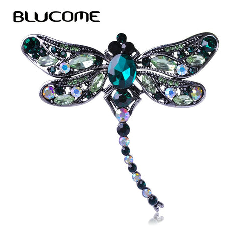 Blucome Green Dragonfly Brooches Corsages Jewelry Shining Crystal Vintage Brooch Crystal Big Broches Scarf Clothes Hijab Pins Up